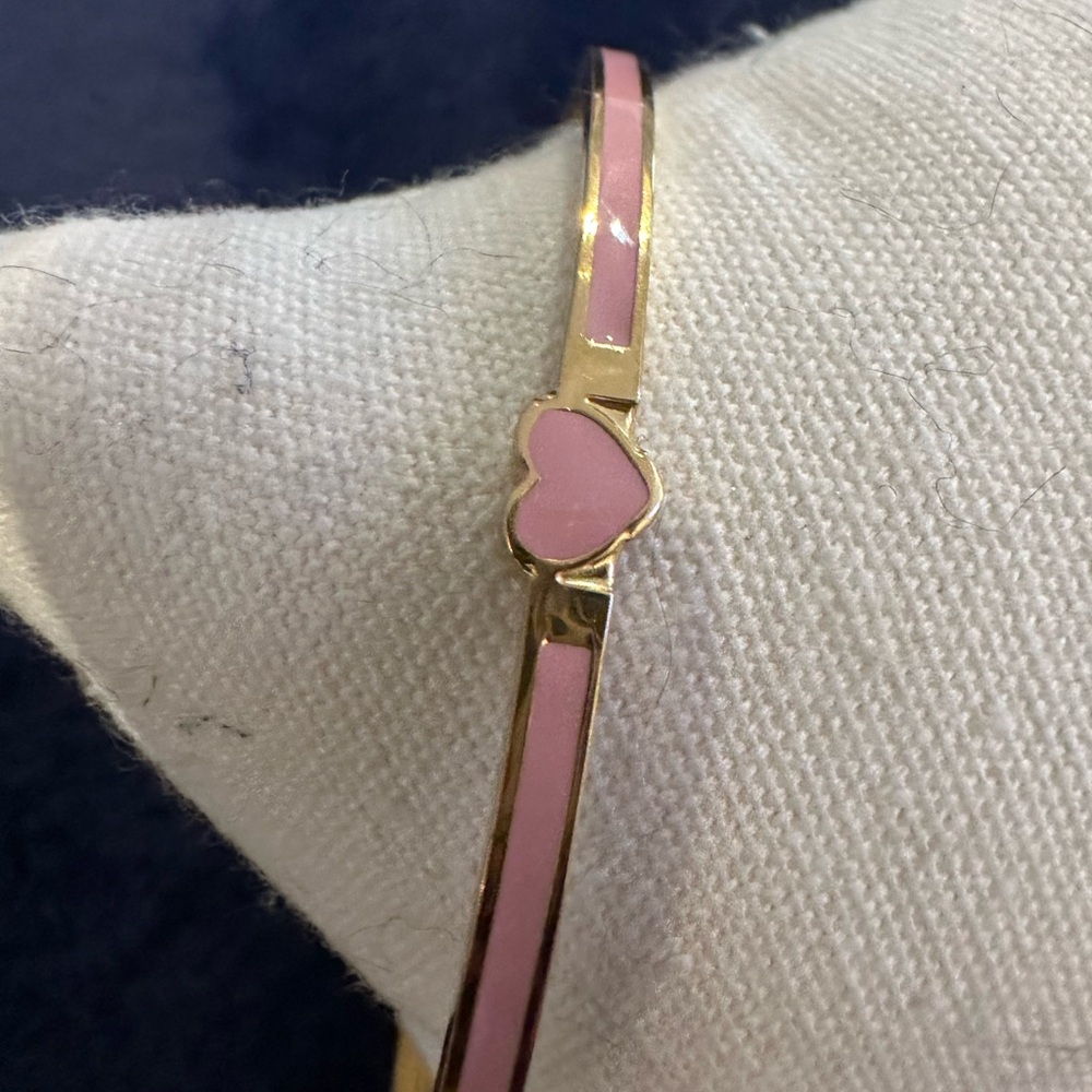 Stainless Steel Gold Plated with Pink Enamel Heart Bangle Bracelet